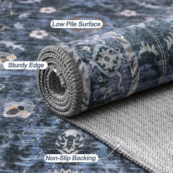 5x7 Blue Area Rug for Bedroom Living Room, Washable Vintage Floral Rug Non Slip, - Picture 4 of 9